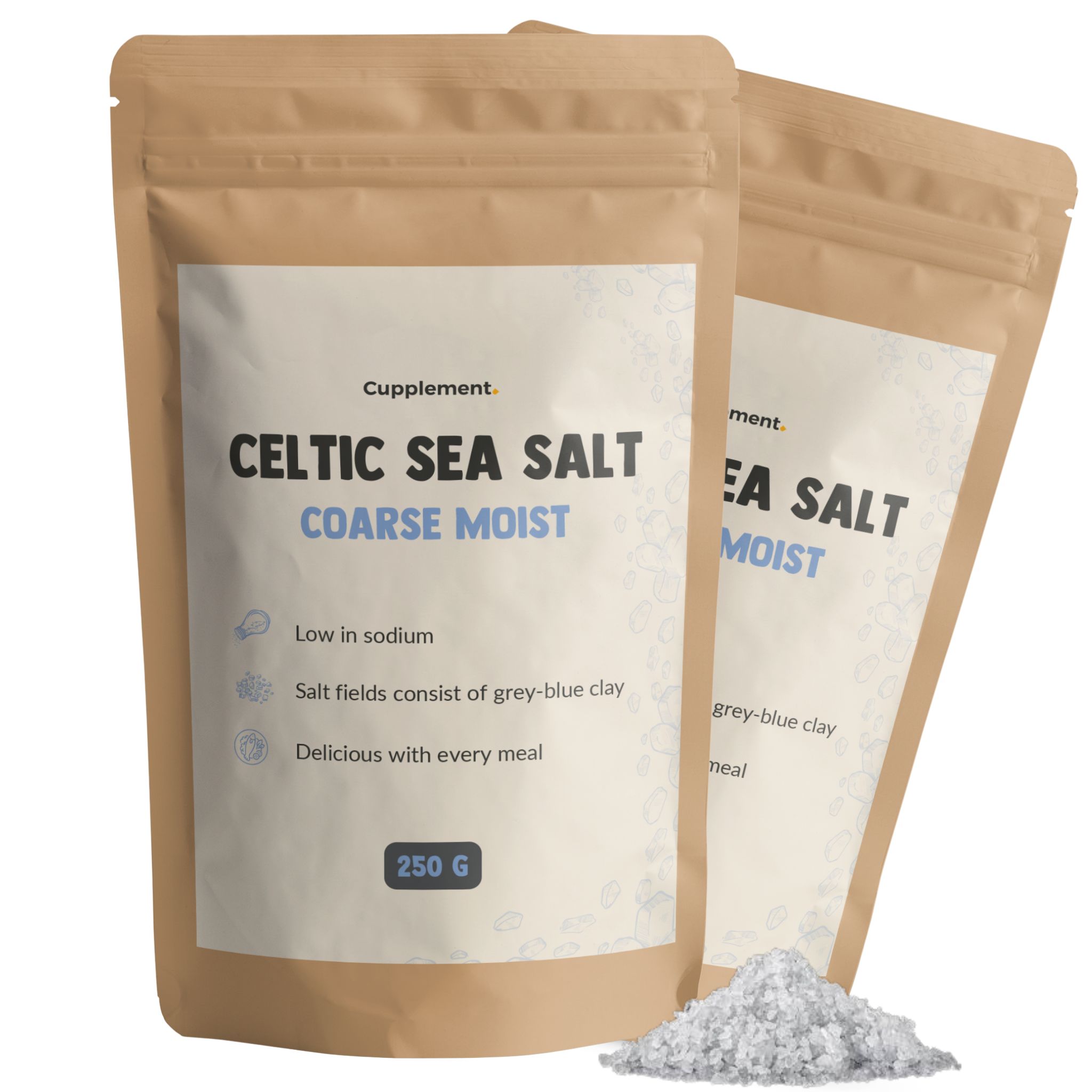 Twee zakjes Cupplement® Keltisch zeezout. Opschrift: Celtic Sea Salt, Coarse Moist. 250g. Vochtig, grof zout.