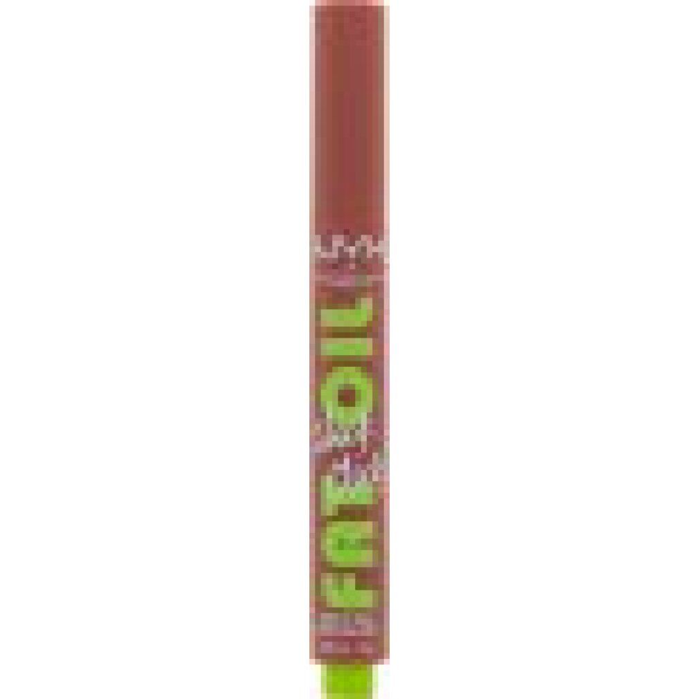 Bâton de baume à lèvres. Bâton rougeâtre avec embout vert. Inscription: FAT OIL slick click. Marque: NYX Professional Makeup.