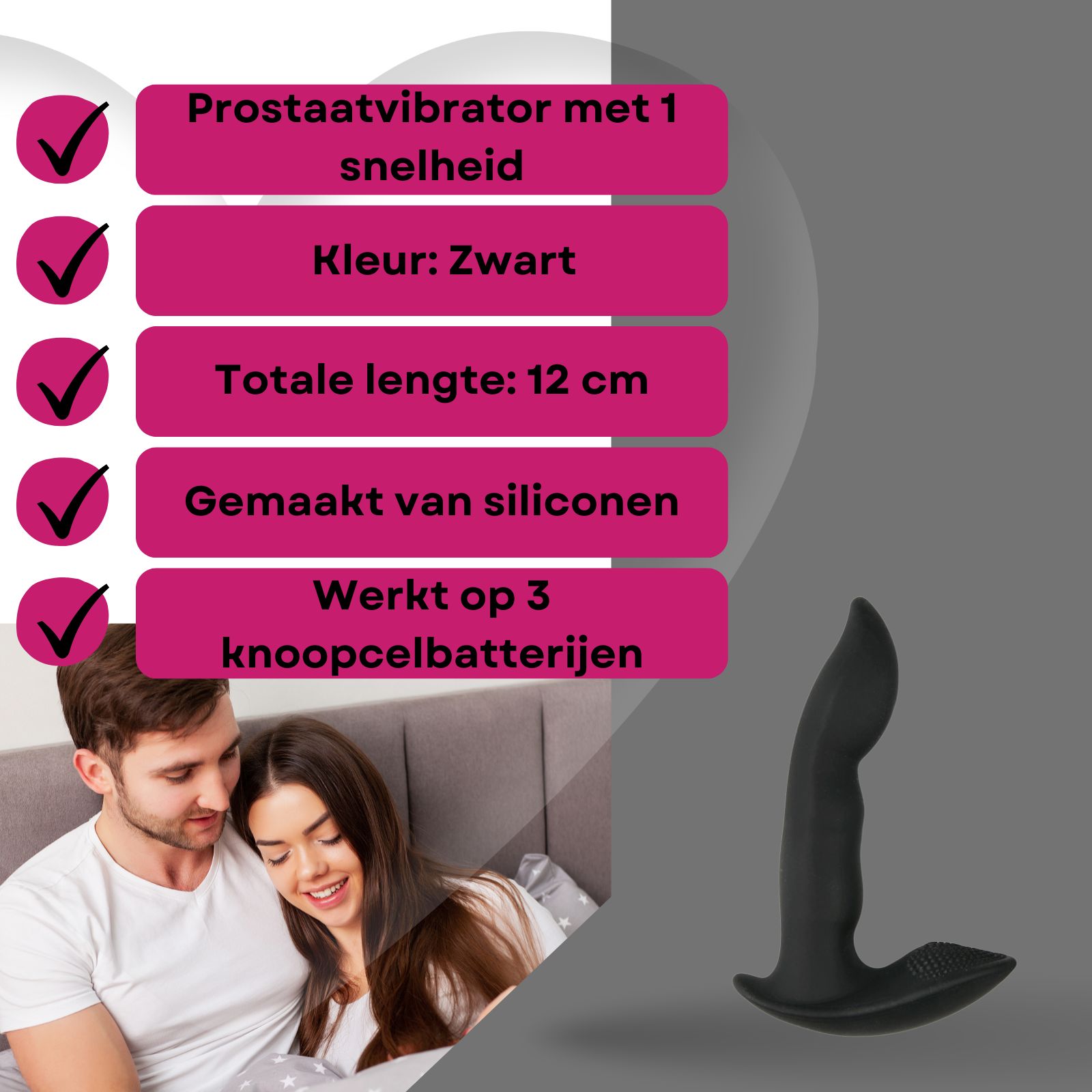 Zwarte vibrator. L-vormig. Tekst op banner: 12cm, siliconen, batterijen.