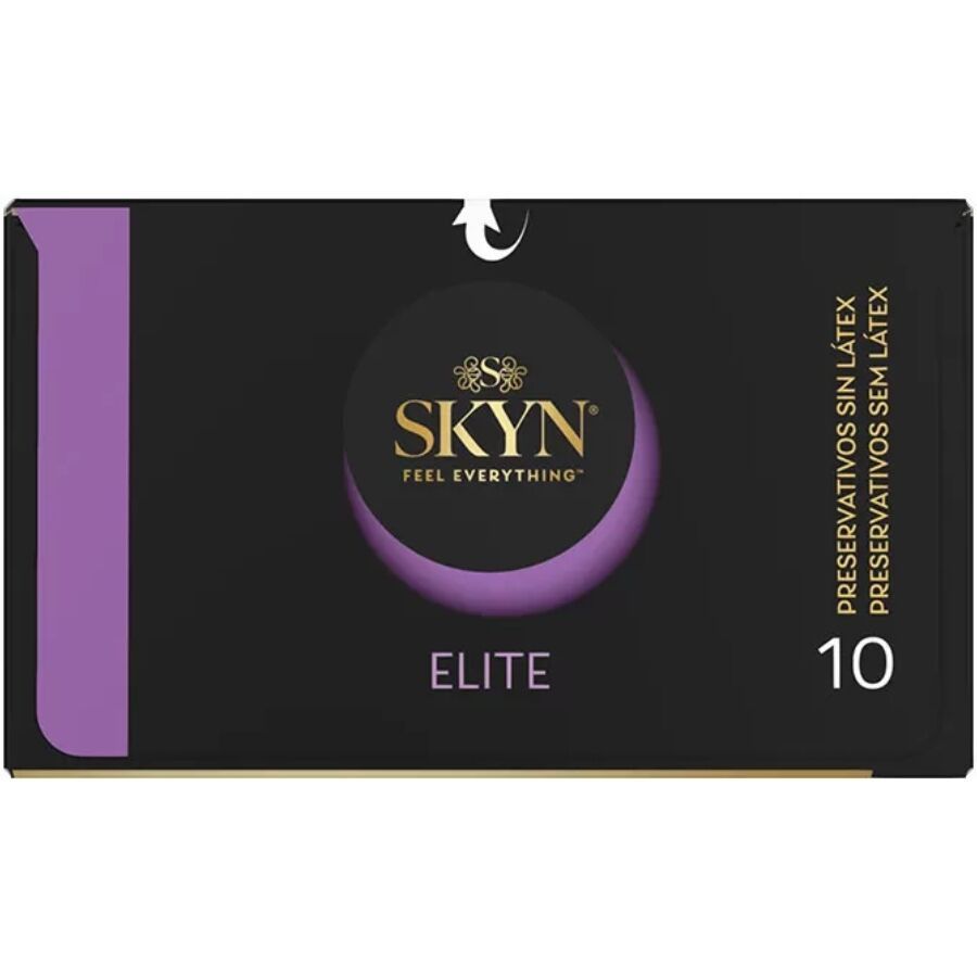 Emballage noir avec accent violet. Nom du produit : SKYN Elite. Contient 10 unités. Texte : Préservatifs sans latex.
