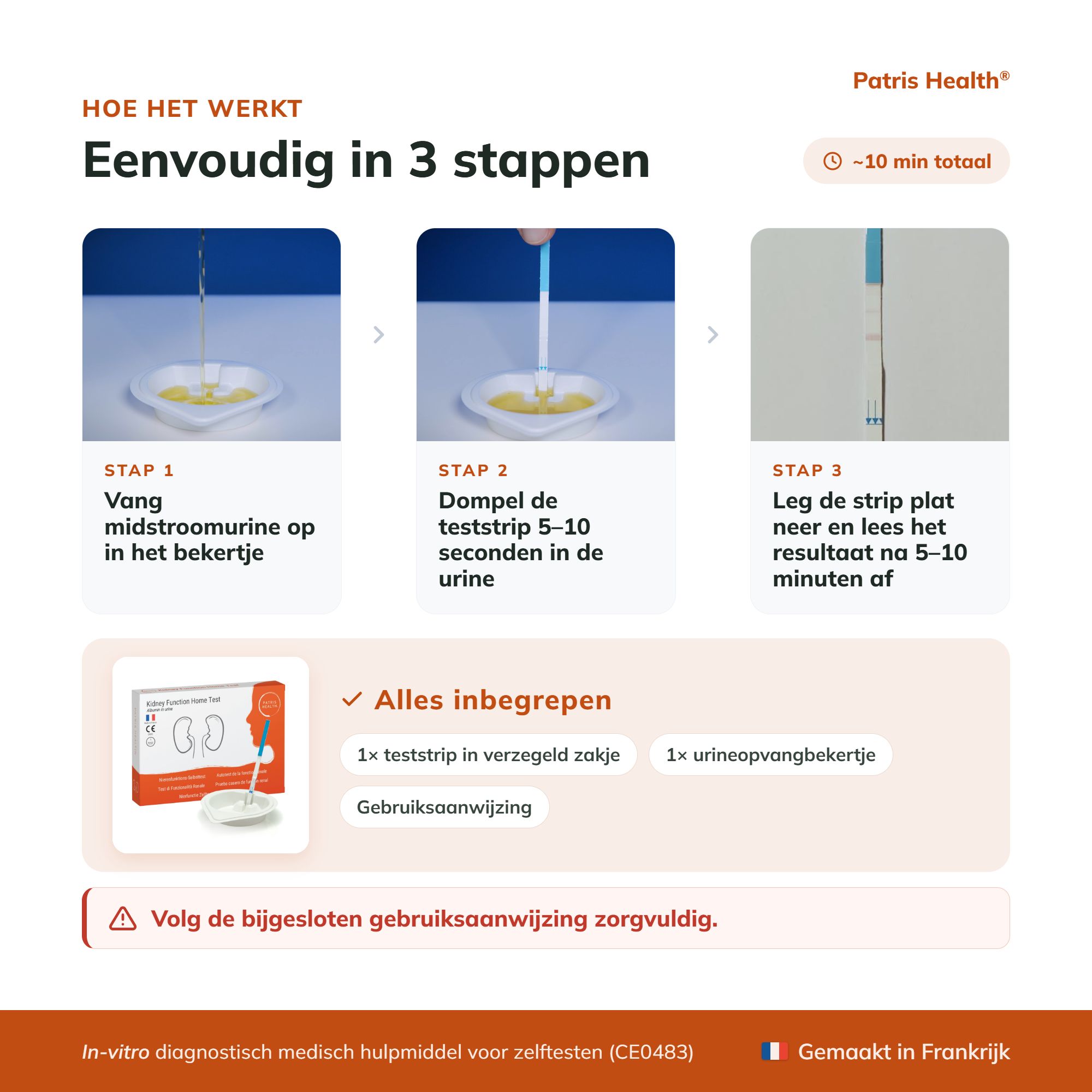 Verpakking nierfunctietest met informatie over gebruik en herkomst.