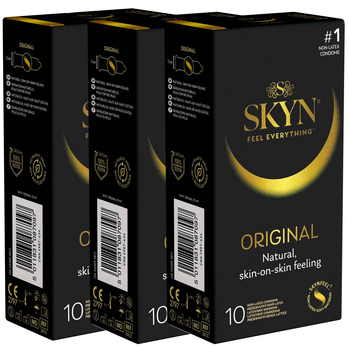 Drie dozen SKYN Original condooms. Zwarte verpakking met gouden logo en tekst. Bevat 10 condooms.