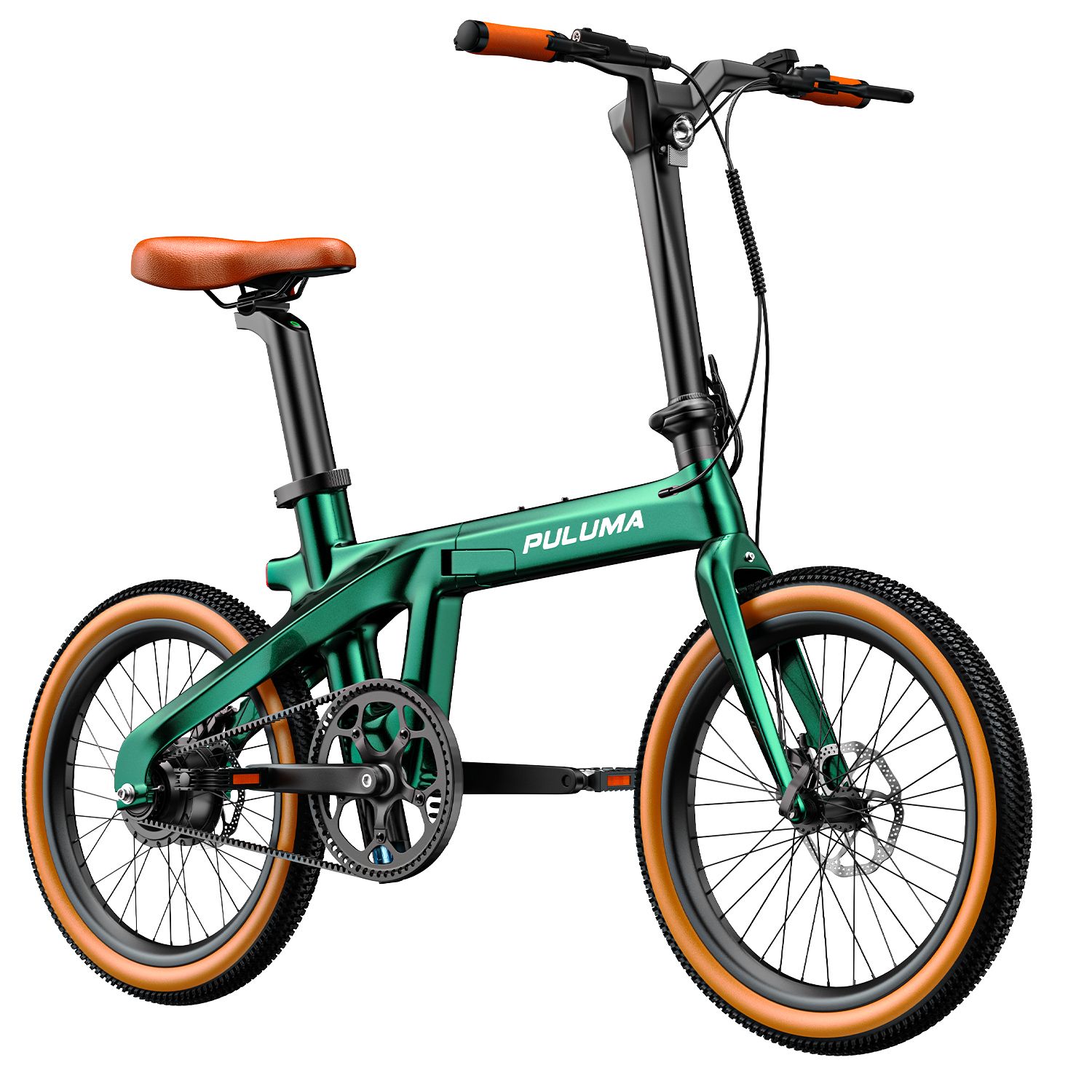 Groene vouwfiets met bruin zadel en banden. Merk PULUMA.