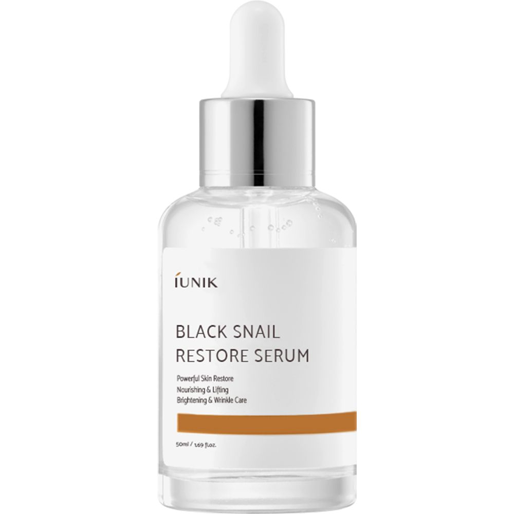 Flacon en verre transparent avec pipette. Inscription : iUNIK Black Snail Restore Serum. Bande marron en bas. Fond blanc.