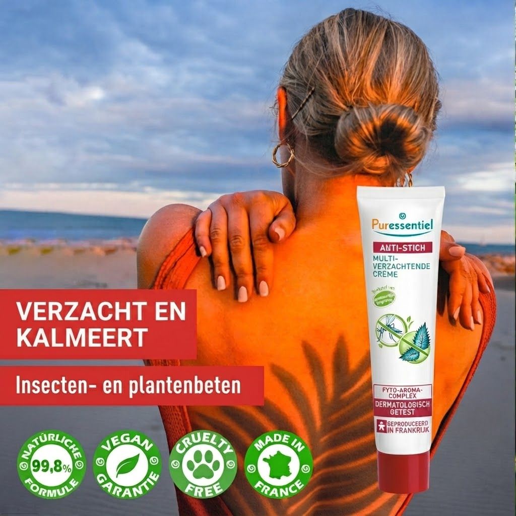 Puressentiel Anti-Stich crème tube met roll-on applicator. Dermatologisch getest. "Natuurlijke Formule 99,8%" en "Vegan Garantie" zegels.