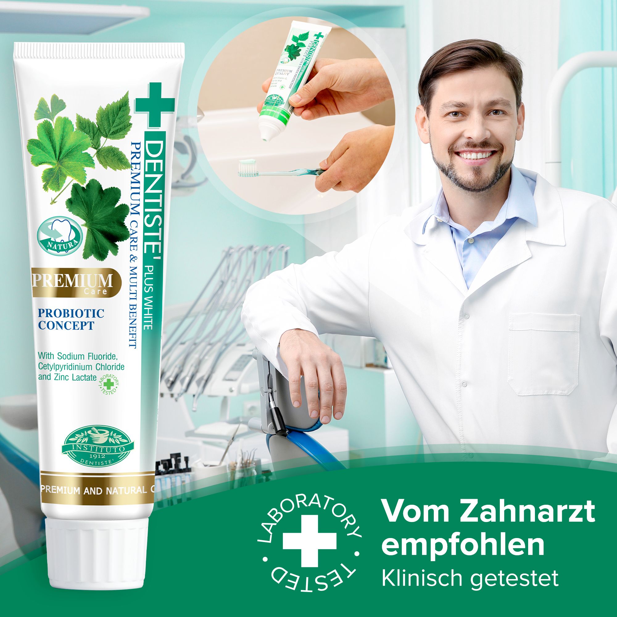 Tube de dentifrice avec texte et médecin. Recommandé par le dentiste. Testé cliniquement. Premium Care & Multi Benefit. Avec fluorure.