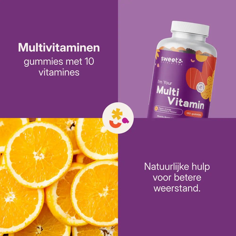 Fles Sweet Nutribites Multivitaminen gummies met 10 vitamines. Natuurlijke hulp voor betere weerstand.