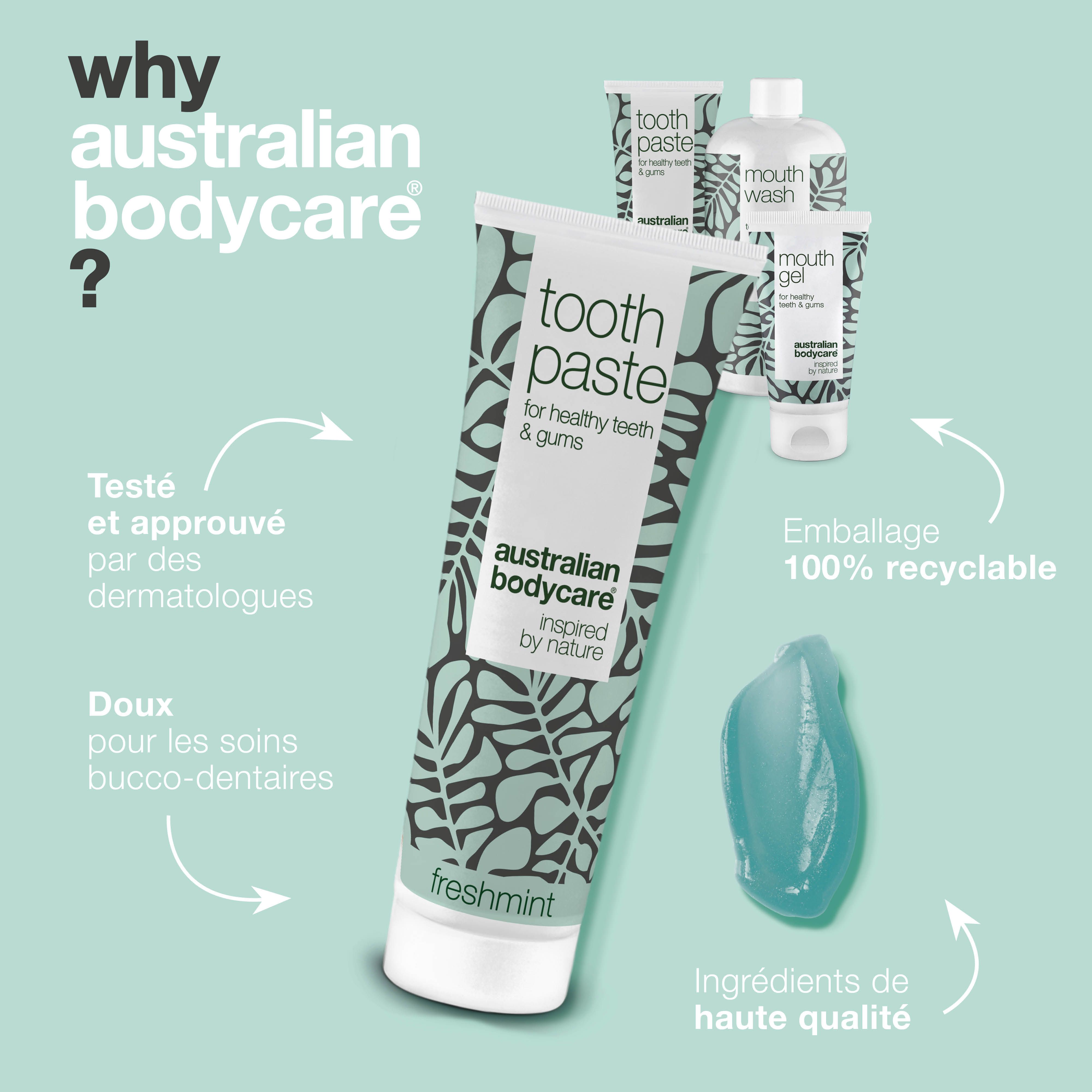 Tube de dentifrice et produits de soins bucco-dentaires. Texte : Australian Bodycare. Flèches indiquant les avantages et les ingrédients.