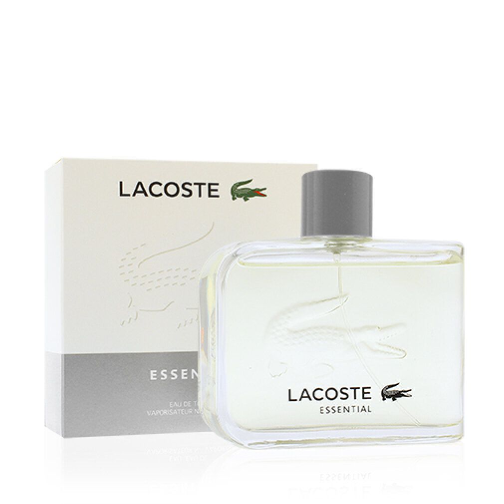 Flacon et boîte Lacoste Eau de Toilette Essentiel sur fond blanc.