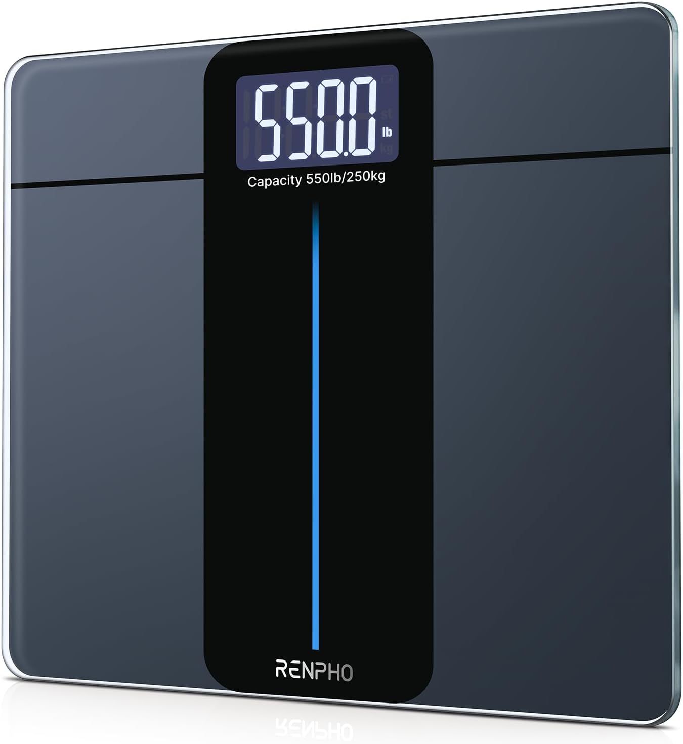 Balance numérique. Design noir. Affichage de 5500. Capacité : 550lb/250kg. Logo RENPHO.
