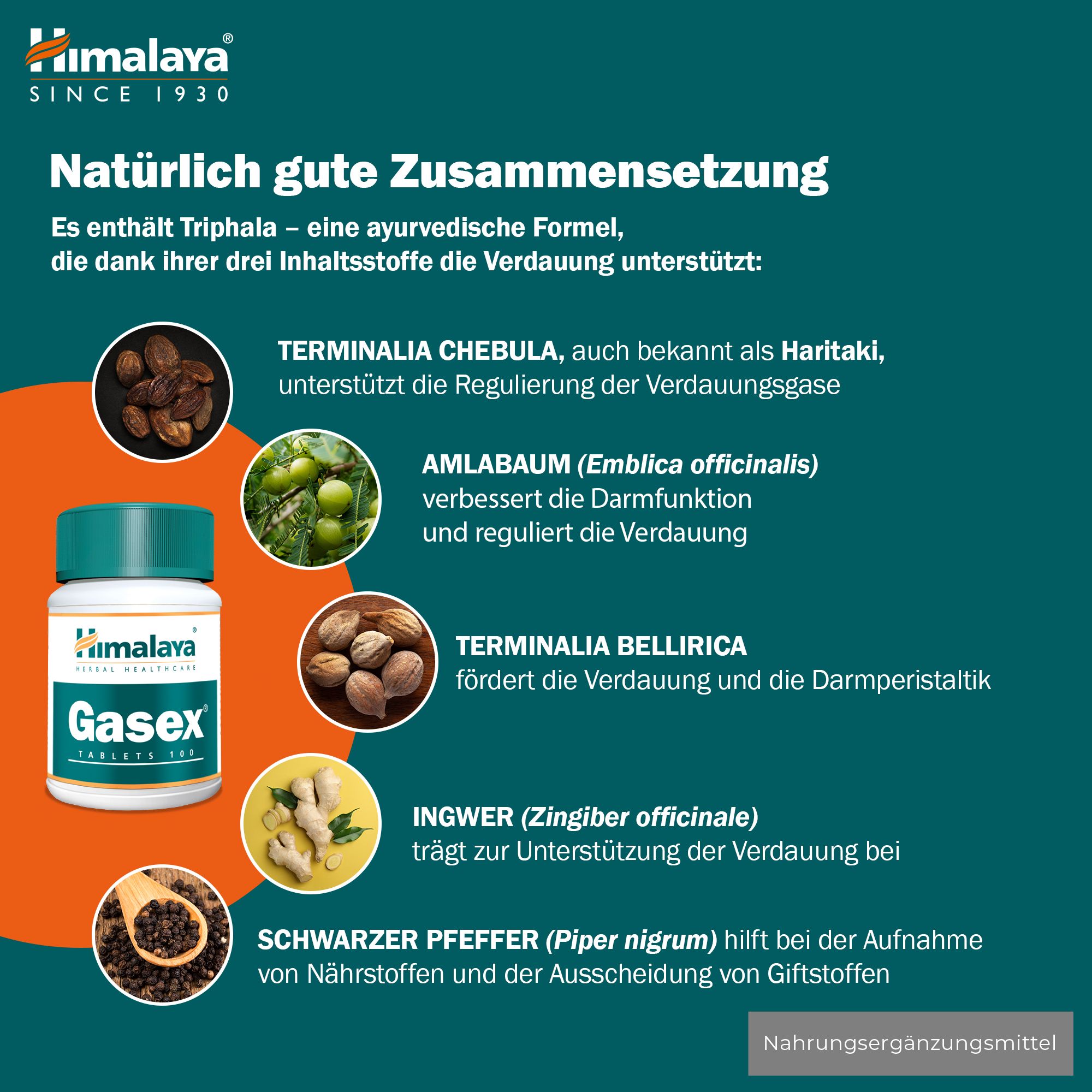 Himalaya Gasex tablettenpotje met darm-icoon en duim omhoog.