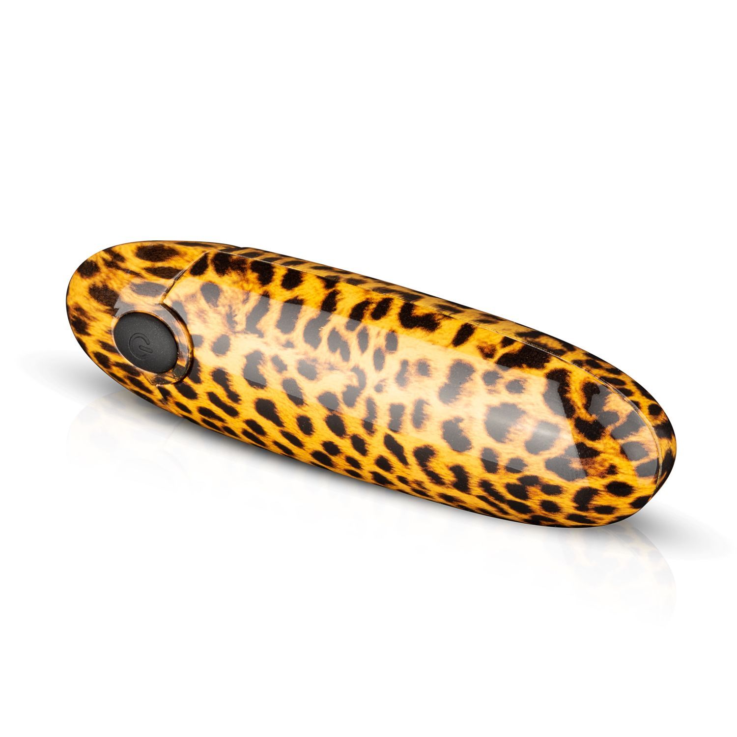 Vibrator met luipaardprint. Ovale vorm. Zwarte knop. Op witte achtergrond.
