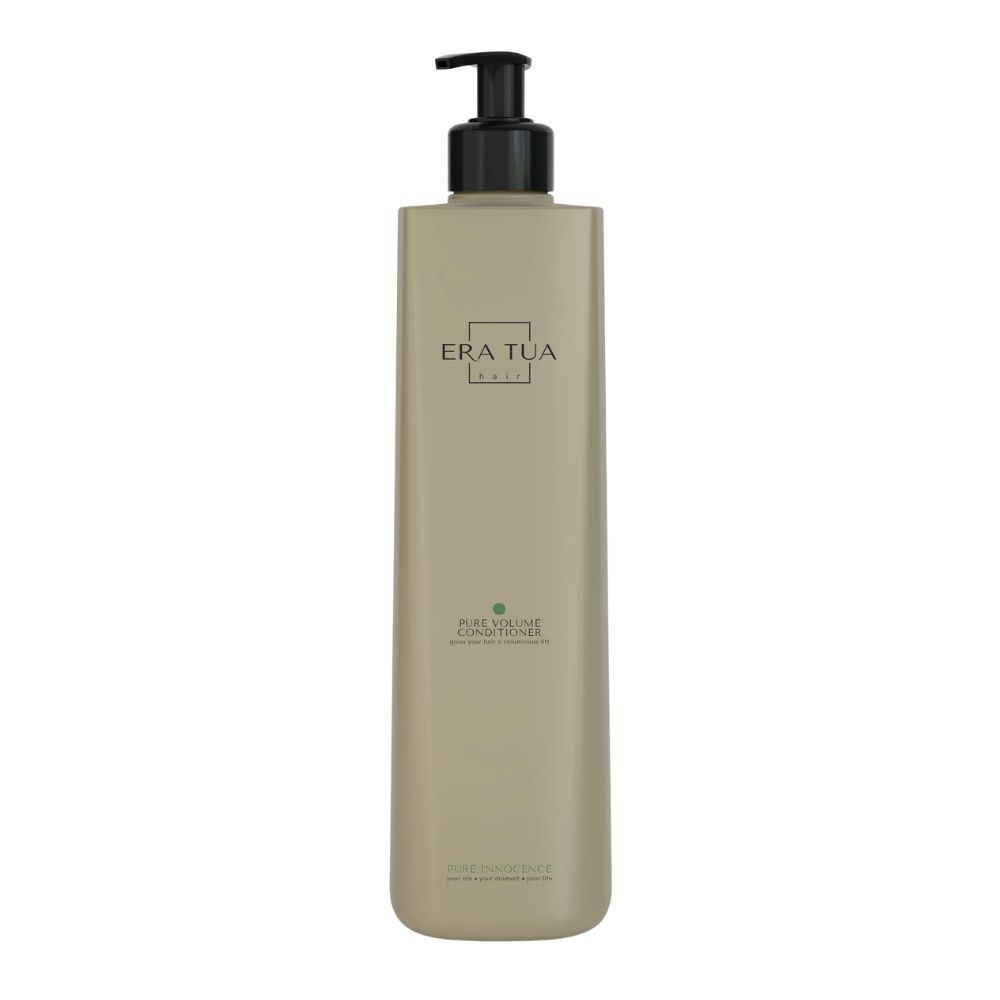Flacon beige avec pompe noire. Texte: Era Tua, Pure Volume Conditioner. Point vert.