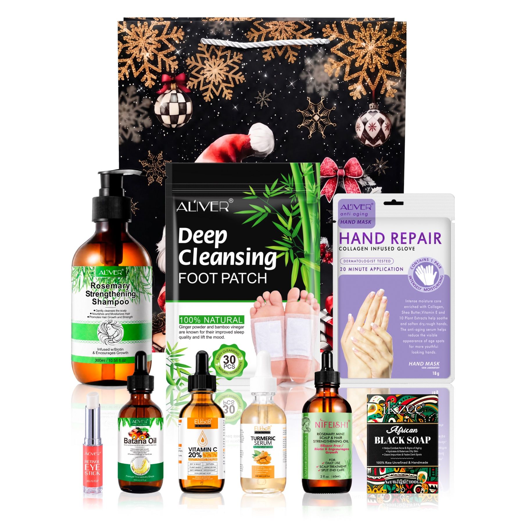 Coffret cadeau beauté avec divers produits de soin, y compris shampoing, huiles et soins des pieds.