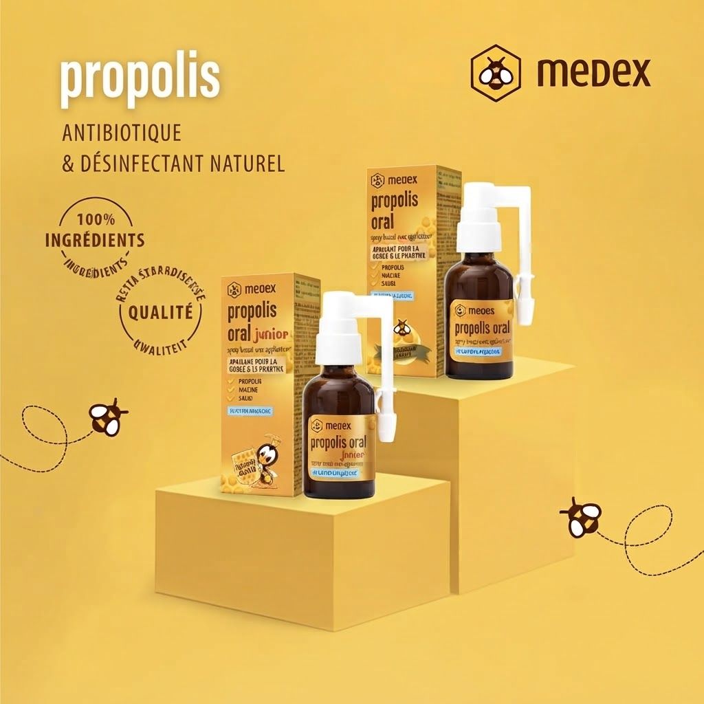 Bouteilles et boîtes Medex Propolis Oral et Junior sur des podiums.