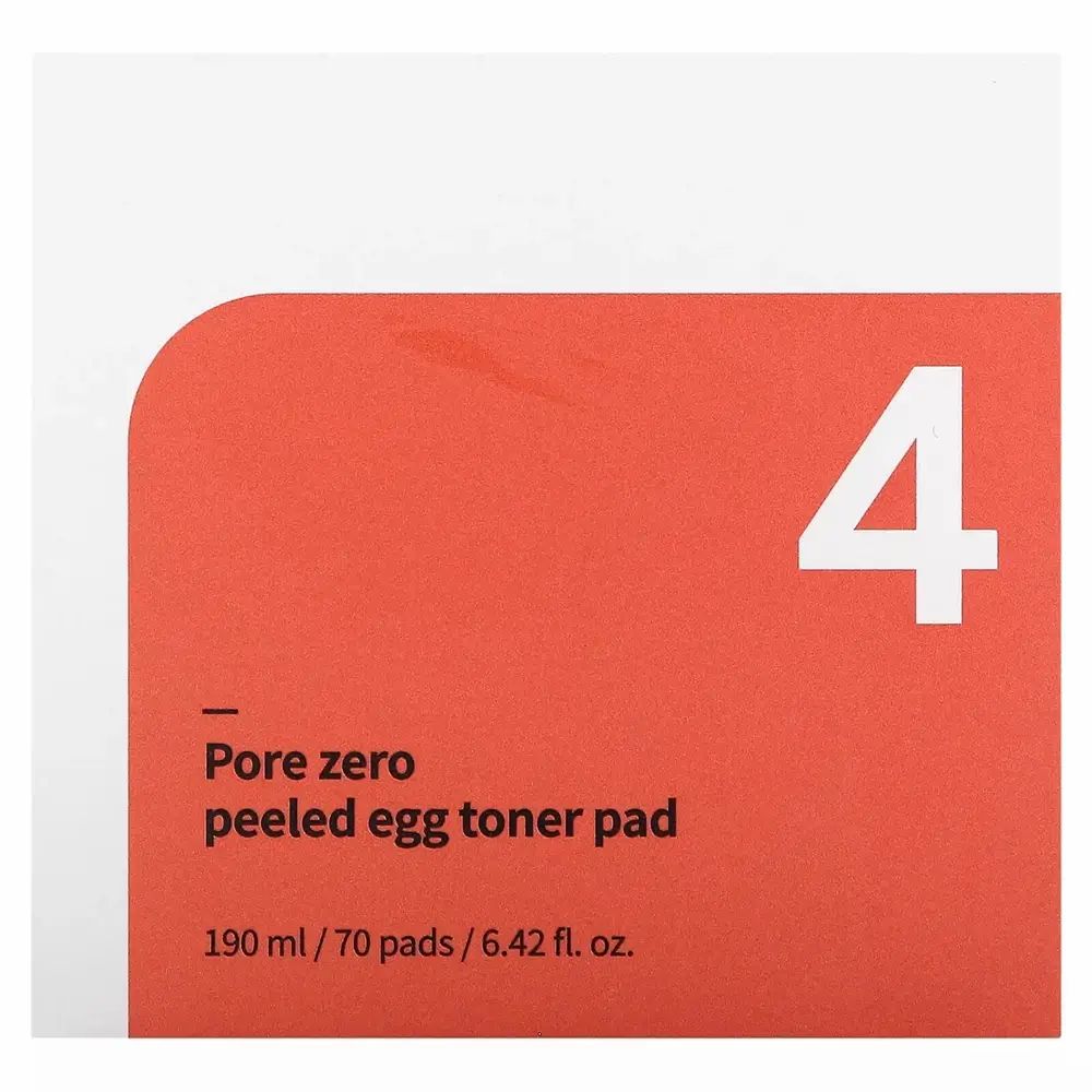 Rode kaart met witte '4'. Opschrift 'Pore zero peeled egg toner pad' en productinformatie.
