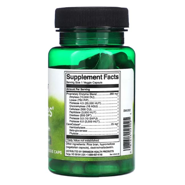 Dos d'un flacon vert avec gélules. Inscription: Supplement Facts, liste des ingrédients, informations nutritionnelles.