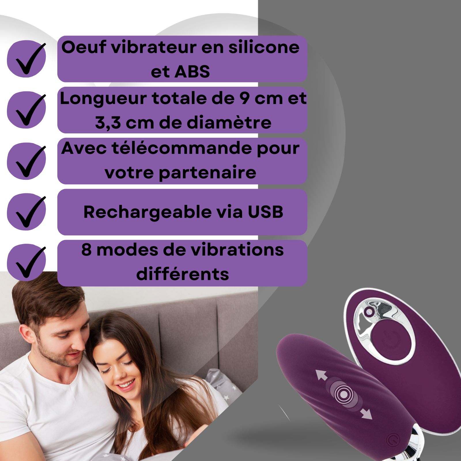 Image avec texte: Oeuf vibrant silicone et ABS, télécommande. Couple en arrière-plan.