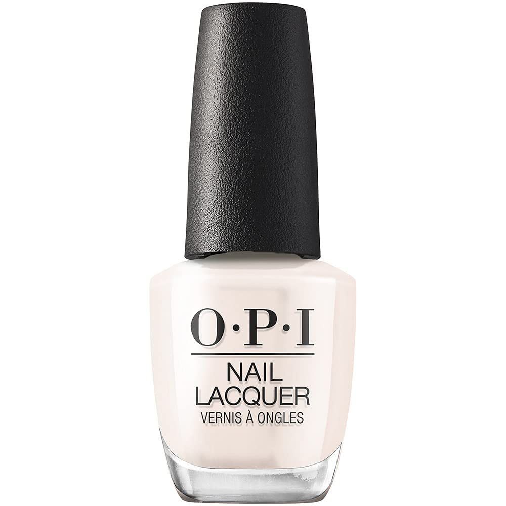 O.P.I nagellakfles. Witte nagellak met zwarte dop. Opschrift: O.P.I, Nail Lacquer, Vernis à Ongles.