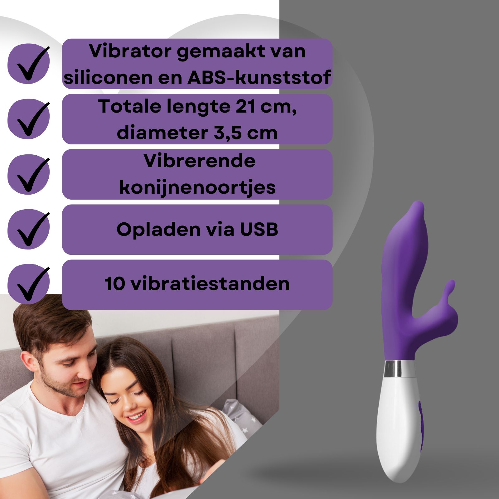 Paarse vibrator met konijnenoren. Siliconen en ABS. Paar op achtergrond. Op voetstuk.