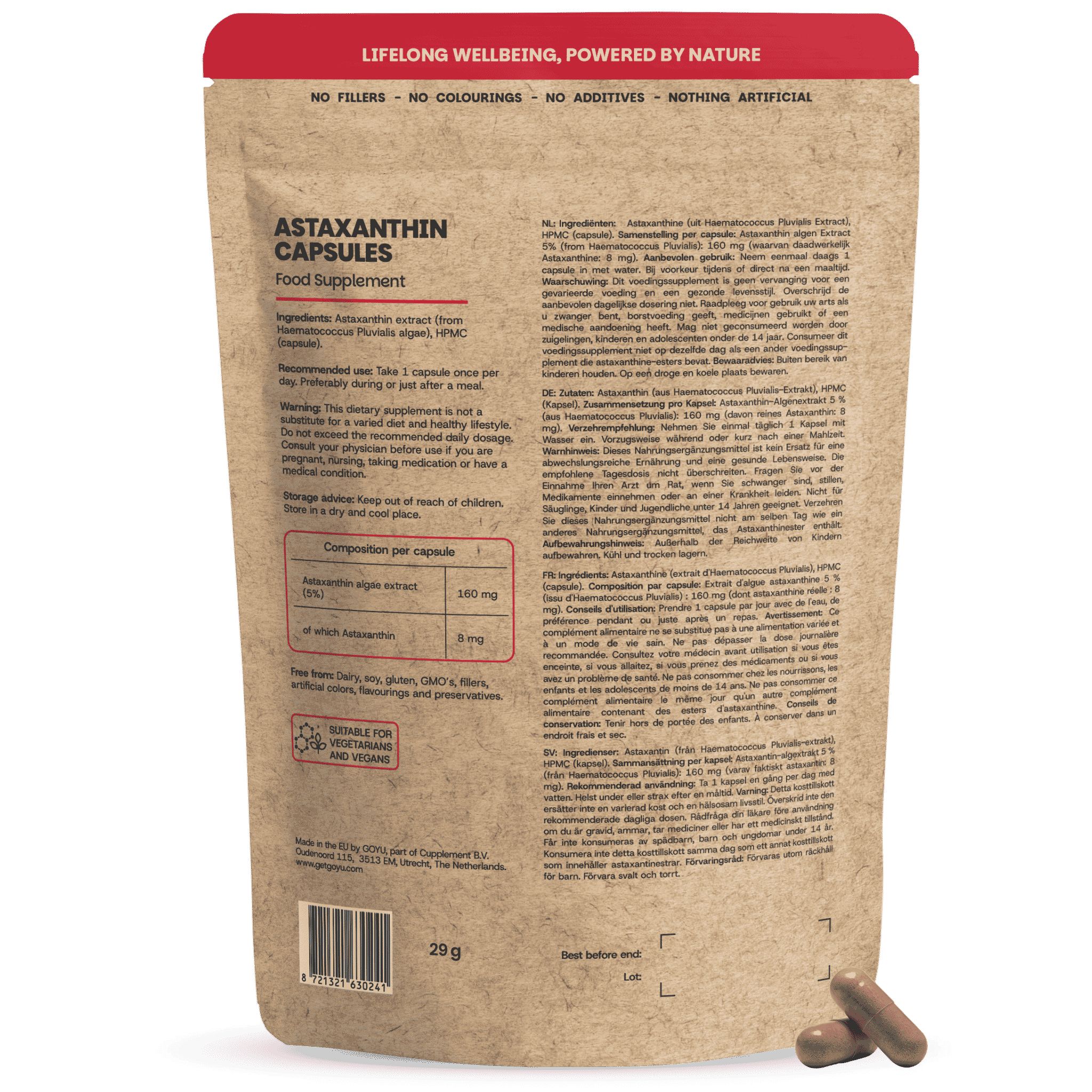 Emballage de capsules d'astaxanthine, montre les ingrédients et les avantages.