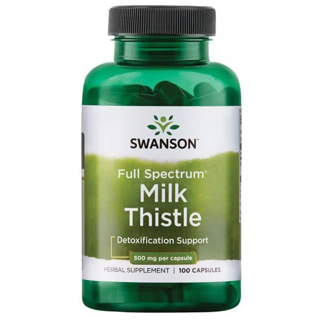 Flacon vert avec capsules noires. Inscription: Swanson, Milk Thistle, Detoxification Support, 100 capsules.