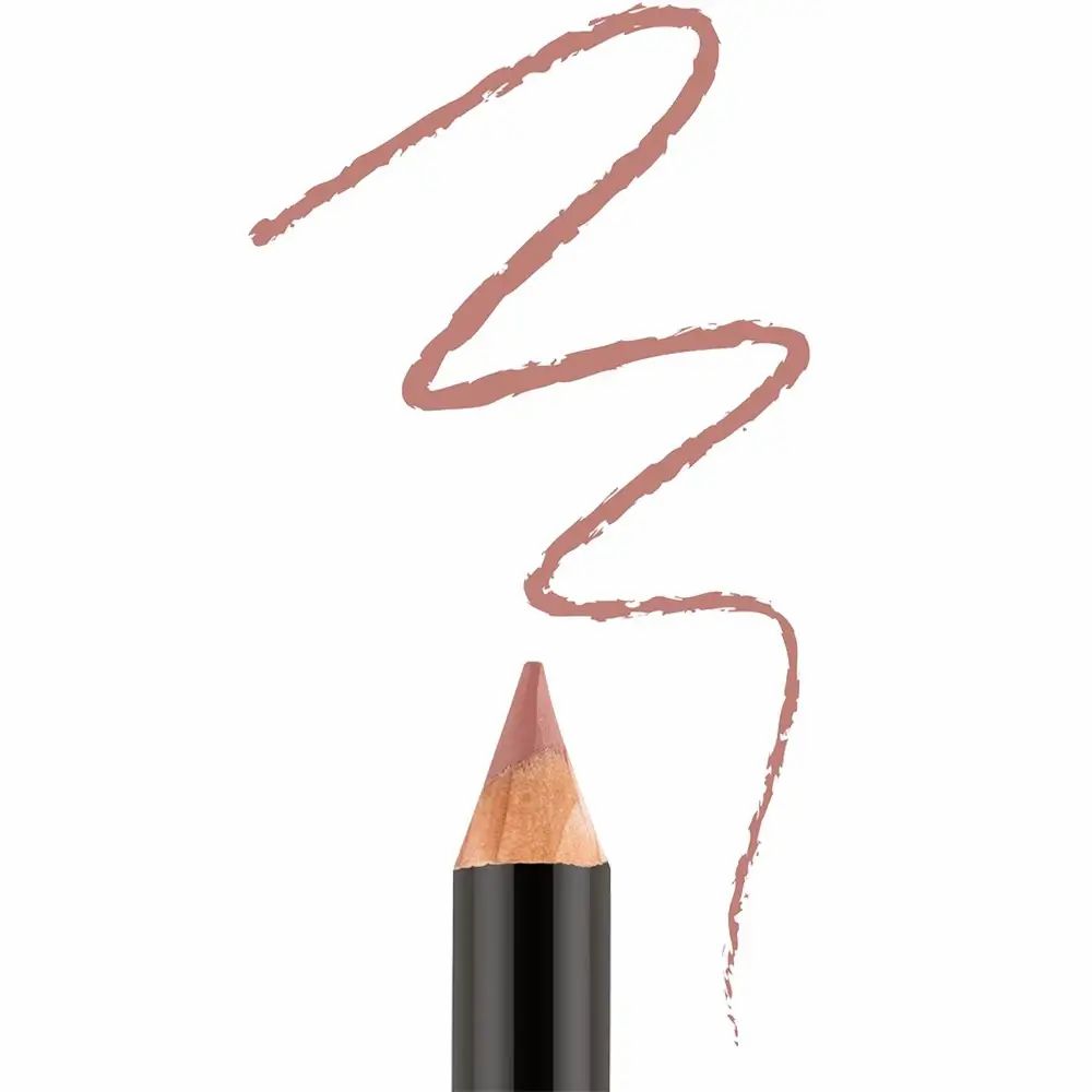 Bruine lippenstift. Zwarte potlood met productnaam. Punt en streep bruin.