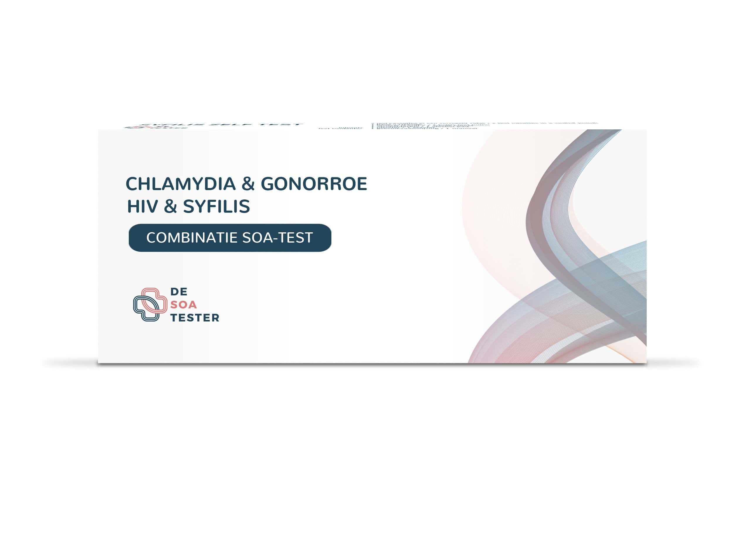 Combinatietest verpakking. Opschrift: Chlamydia, Gonorroe, HIV & Syfilis. Merk: De Soa Tester. Witte rechthoek met blauwe en roze elementen.