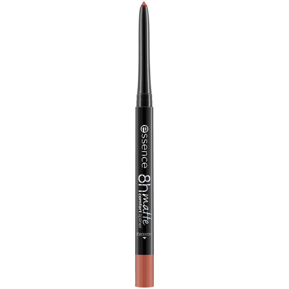 Matte lippenpotlood. Zwart potlood met bruine punt. Merk: essence, tekst: 8h matte comfort.