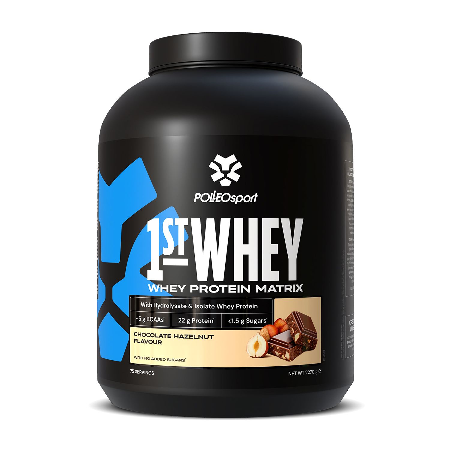 Pot noir avec détails bleus, « 1st Whey ». Inscriptions : « Chocolate Hazelnut Flavour », « 2270 g ».