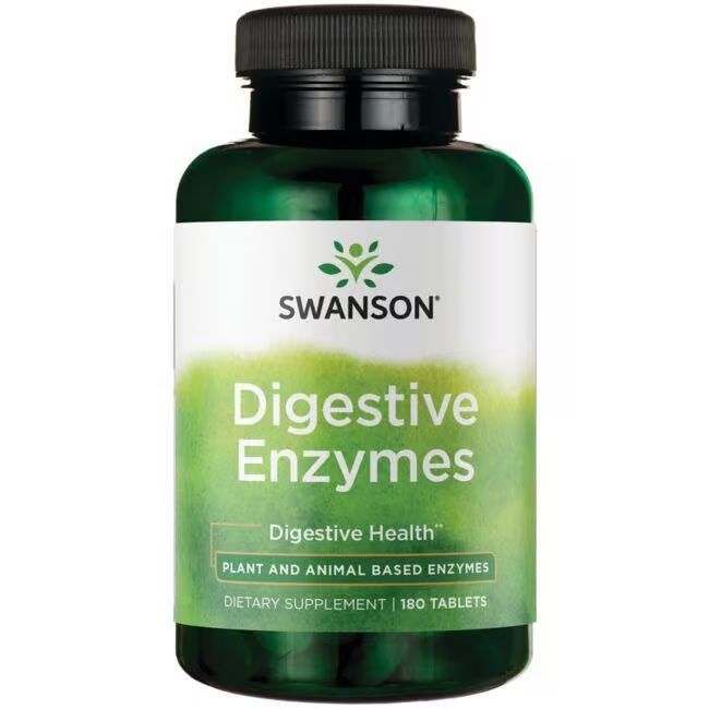 Flacon vert avec bouchon noir. Inscription: SWANSON Digestive Enzymes. 180 comprimés.