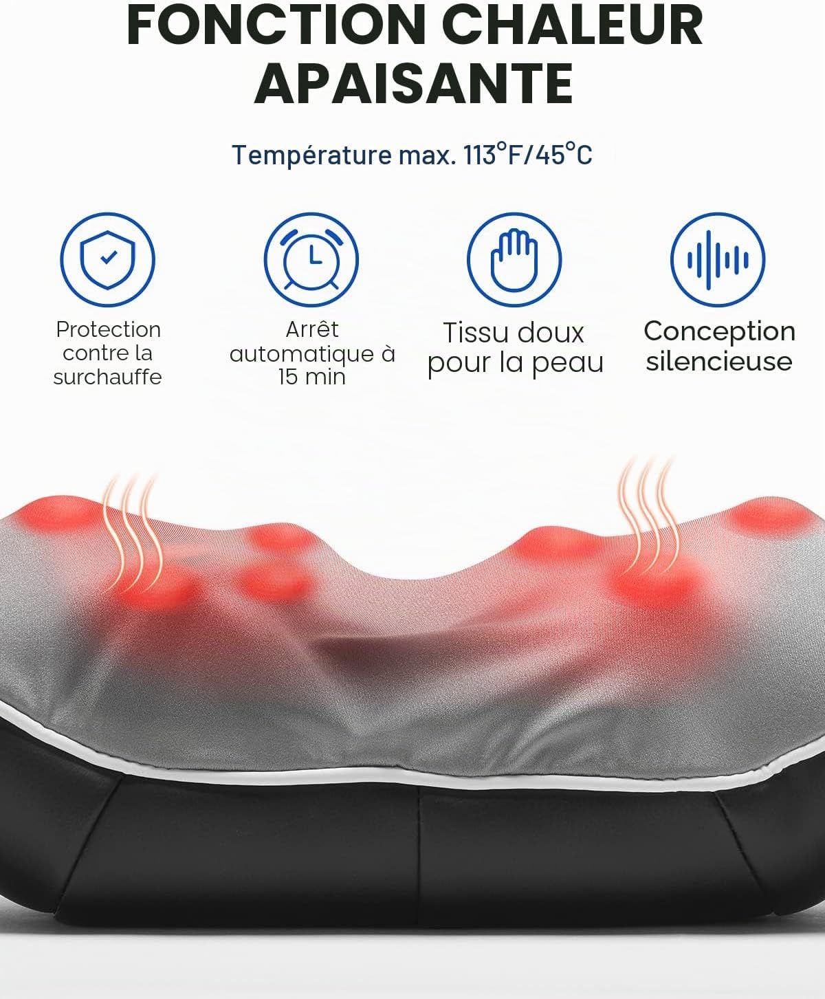 Coussin de massage gris avec éléments chauffants rouges et quatre icônes : protection contre la surchauffe, arrêt automatique 15 min, tissu doux, conception silencieuse.