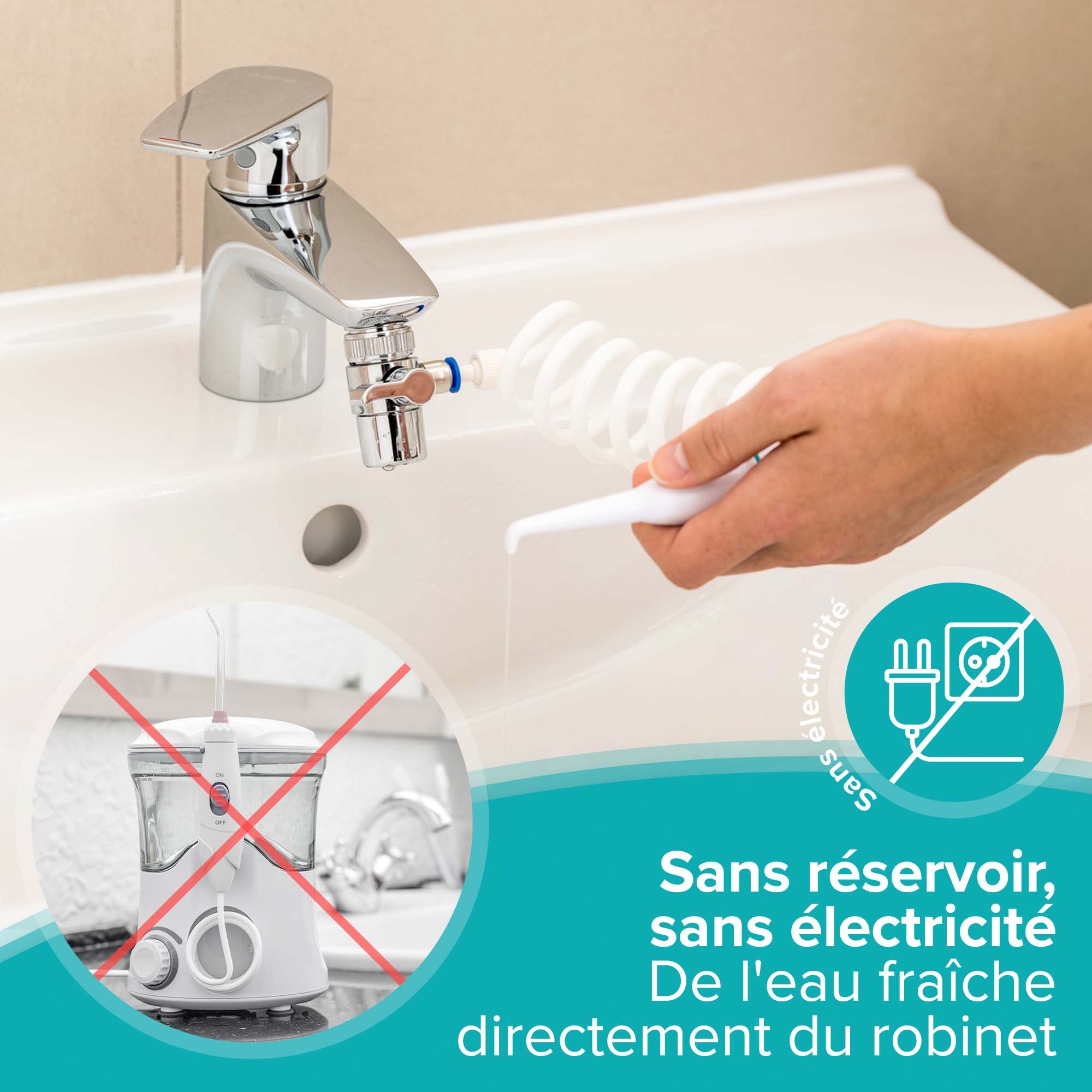Irrigateur buccal sur robinet, sans électricité ni réservoir. Montre le raccord et le tuyau.
