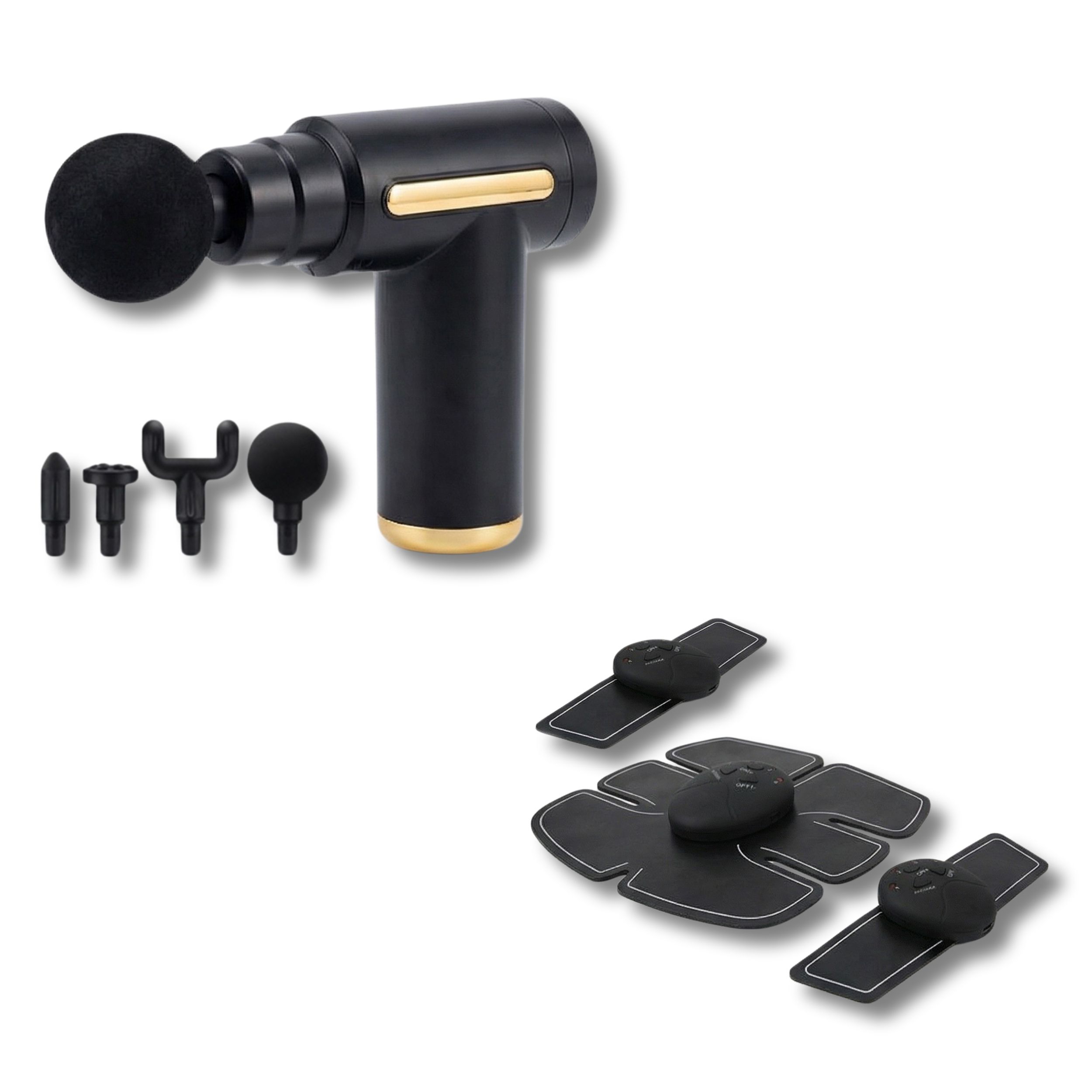 Pistolet de massage noir avec accents dorés et accessoires. Appareil EMS avec coussinets pour ventre et bras.