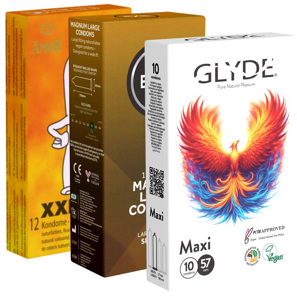 Drie condoomsdozen. Links: geel, 12 condooms. Midden: bruin, Magnum Large. Rechts: wit, Glyde, 10 Maxi condooms.