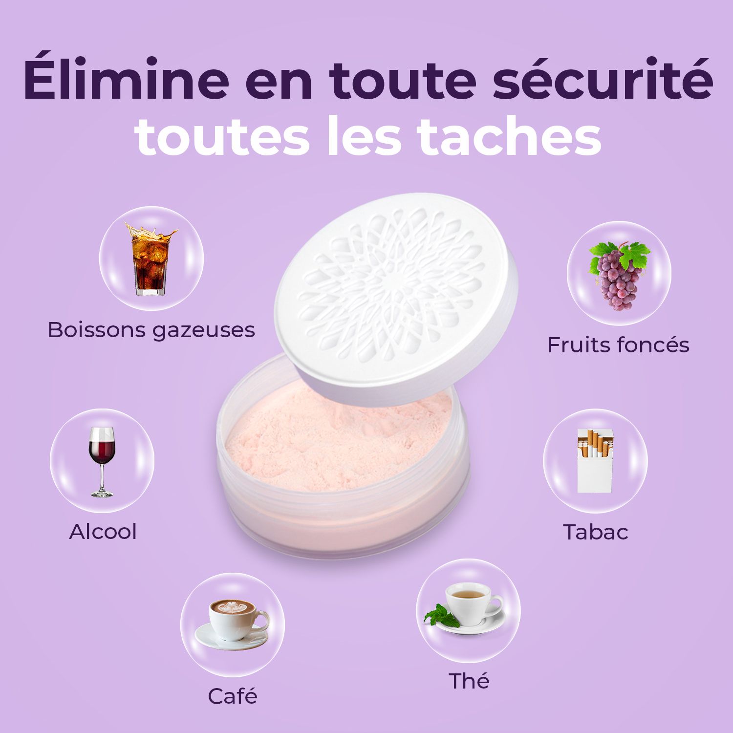 Poudre blanchissante avec couvercle. Élimine les taches causées par les boissons et les stimulants.