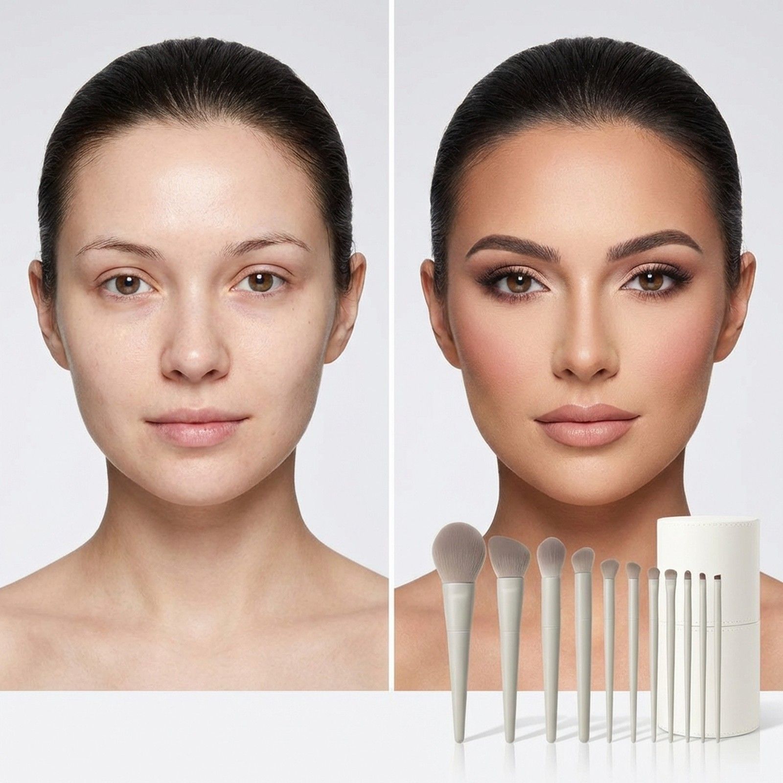 Ensemble de huit pinceaux de maquillage gris clair dans un contenant blanc.