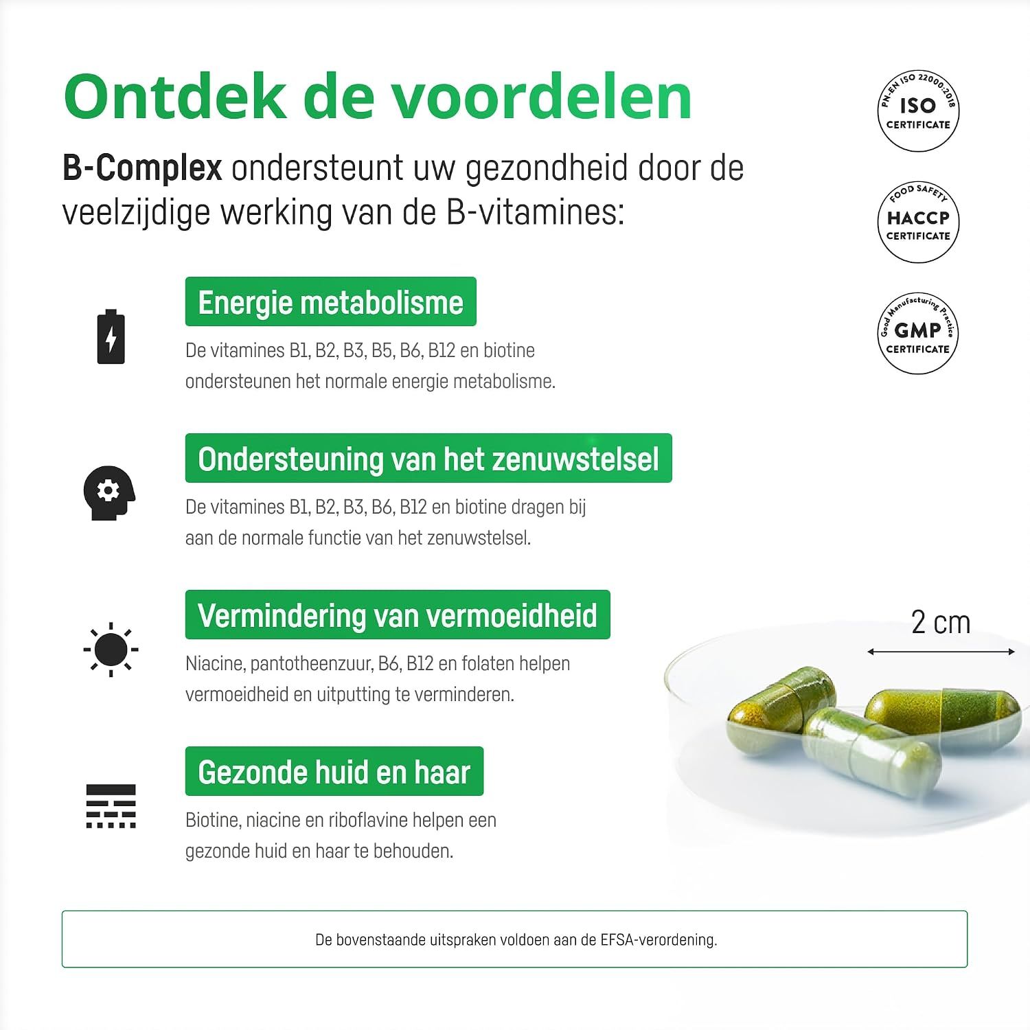 Drie B-complex capsules, één met 2 cm schaal. Groene en gele capsules.