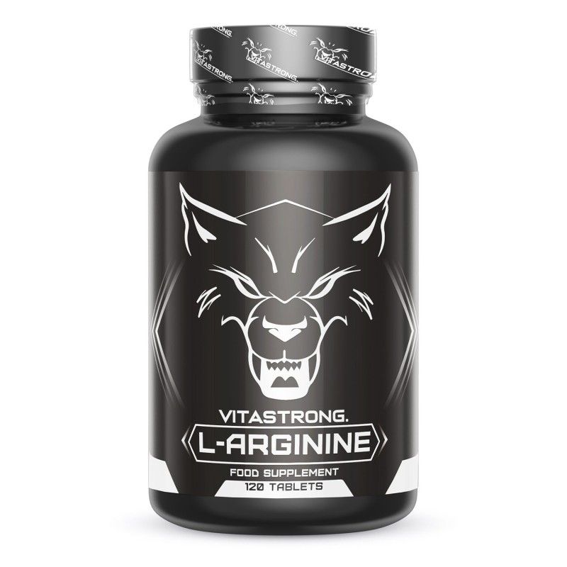 Zwarte fles Vitastrong L-Arginine. Wolfslogo, L-Arginine, 120 tabletten. Voedingssupplement.