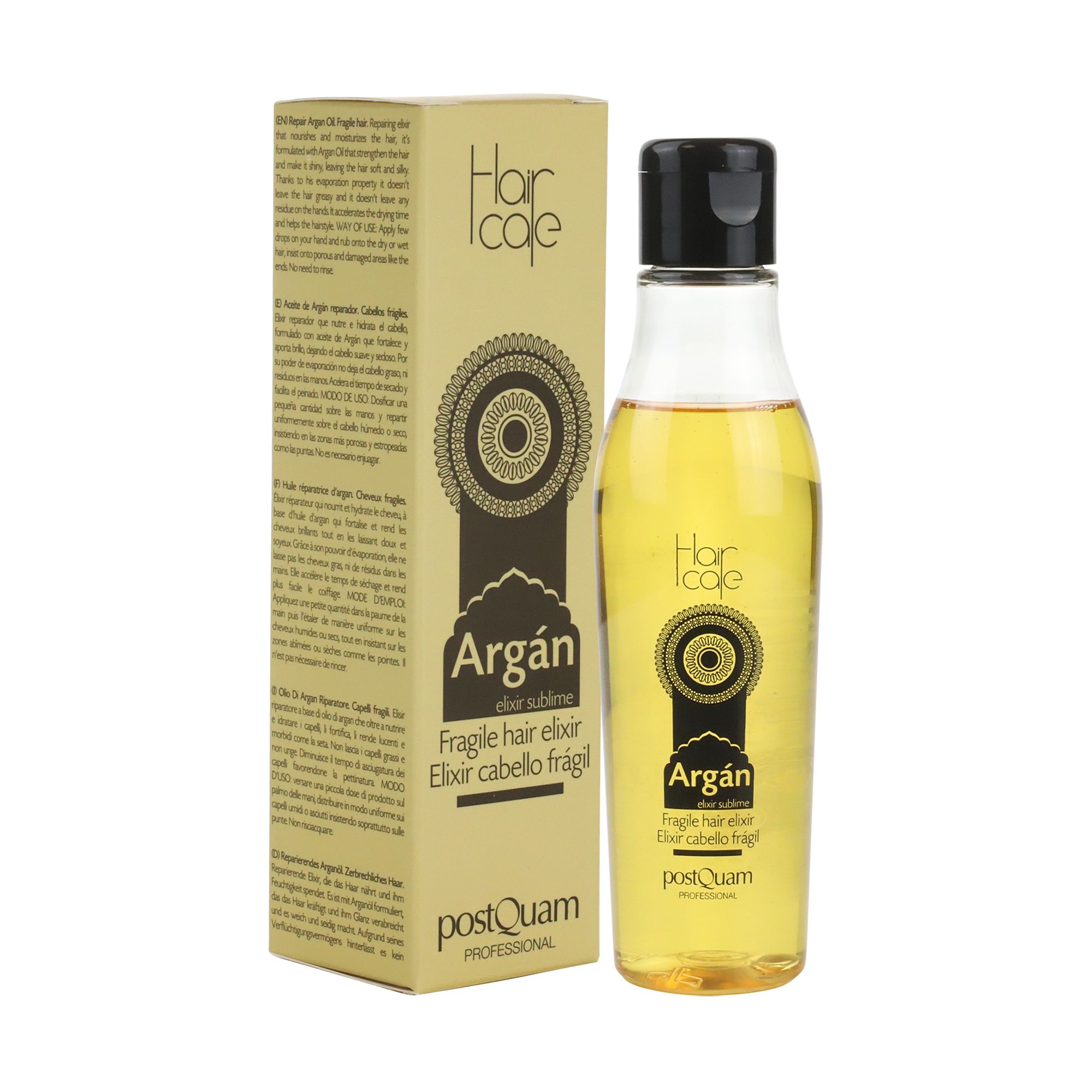 Fles en verpakking. Fles met gele olie, zwarte dop. Verpakking: Argán, Fragile hair elixir, PostQuam, 100 ml.