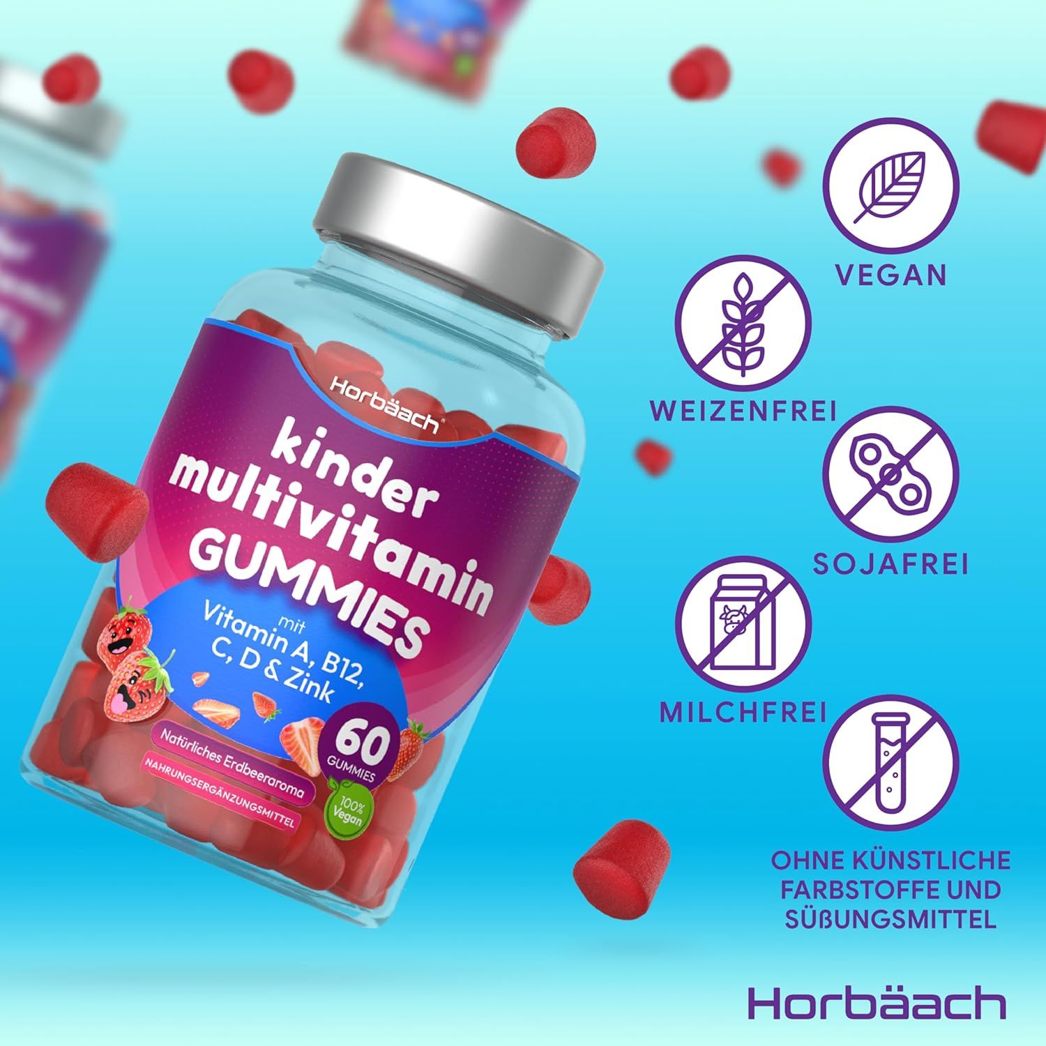 Horbaach Gommes multivitamines pour enfants. Flacon de 60 gommes. Végétalien, sans blé, soja, lait. Sans colorants ni édulcorants artificiels.