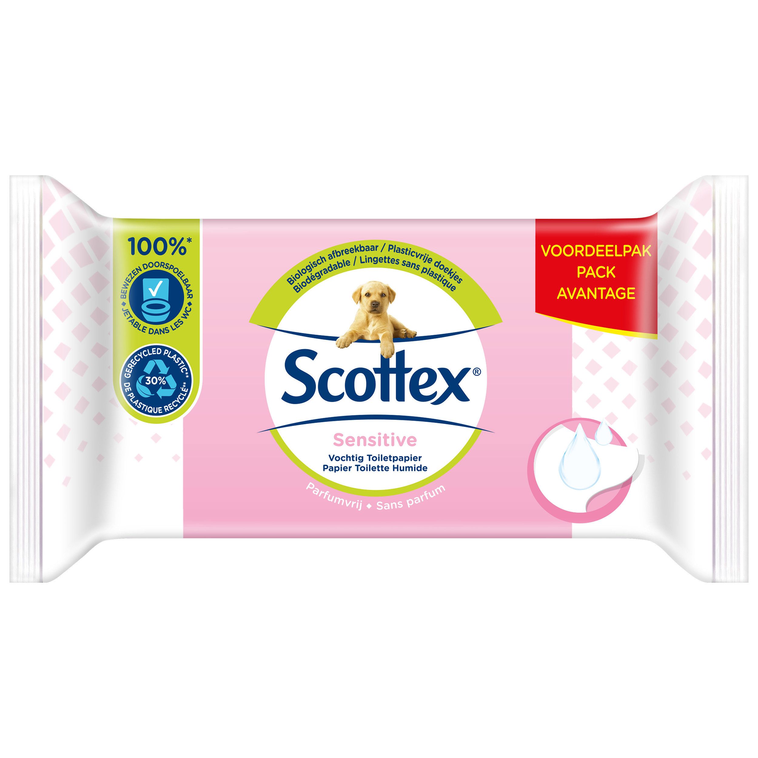 Enkele verpakking vochtig toiletpapier. Roze verpakking met logo en productnaam. Bevat 100% recyclebaar materiaal.
