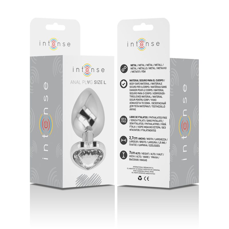 Verpakking van de Intense metalen hartvormige anale plug, voor- en achterkant.