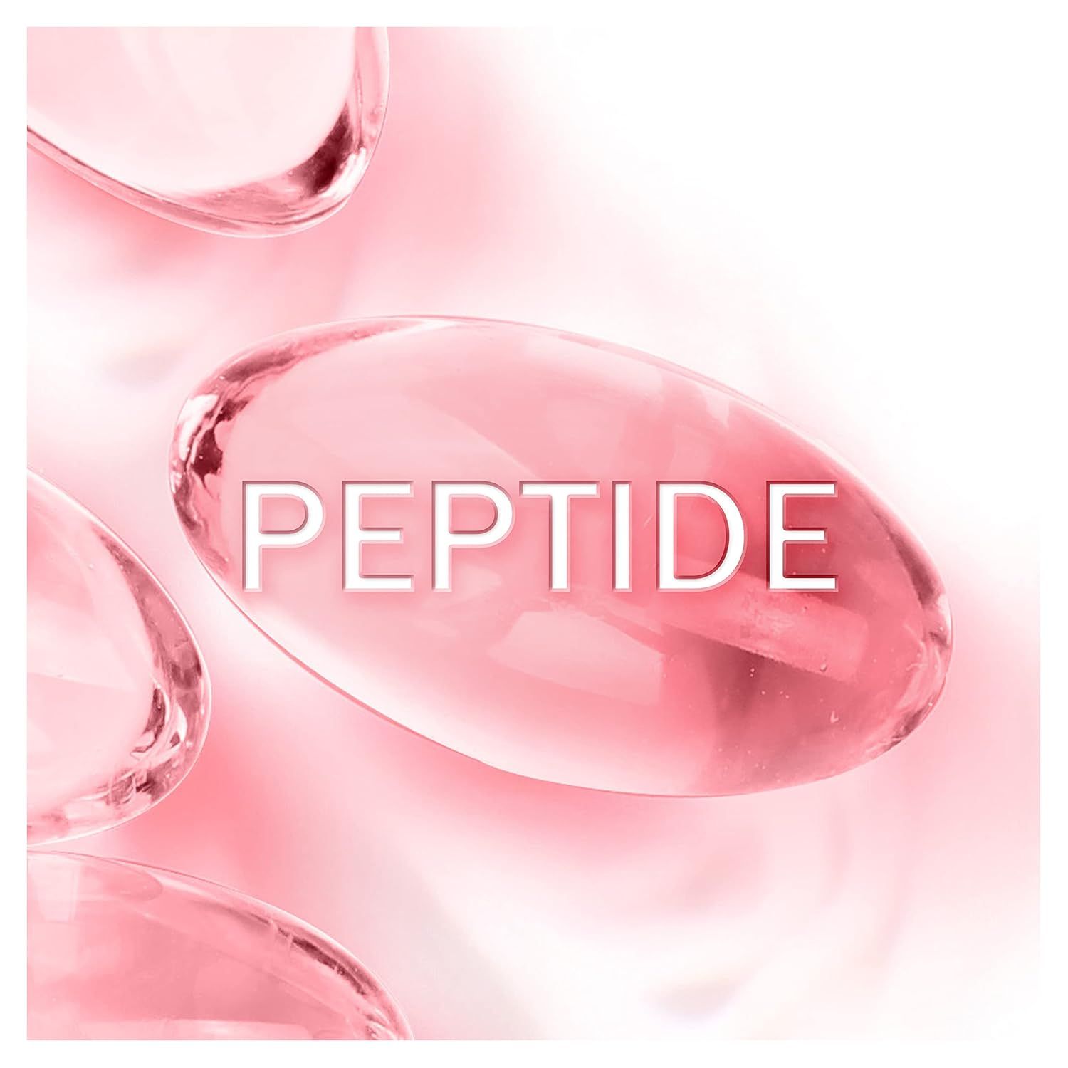 Capsules roses avec inscription PEPTIDE. Fond rose.