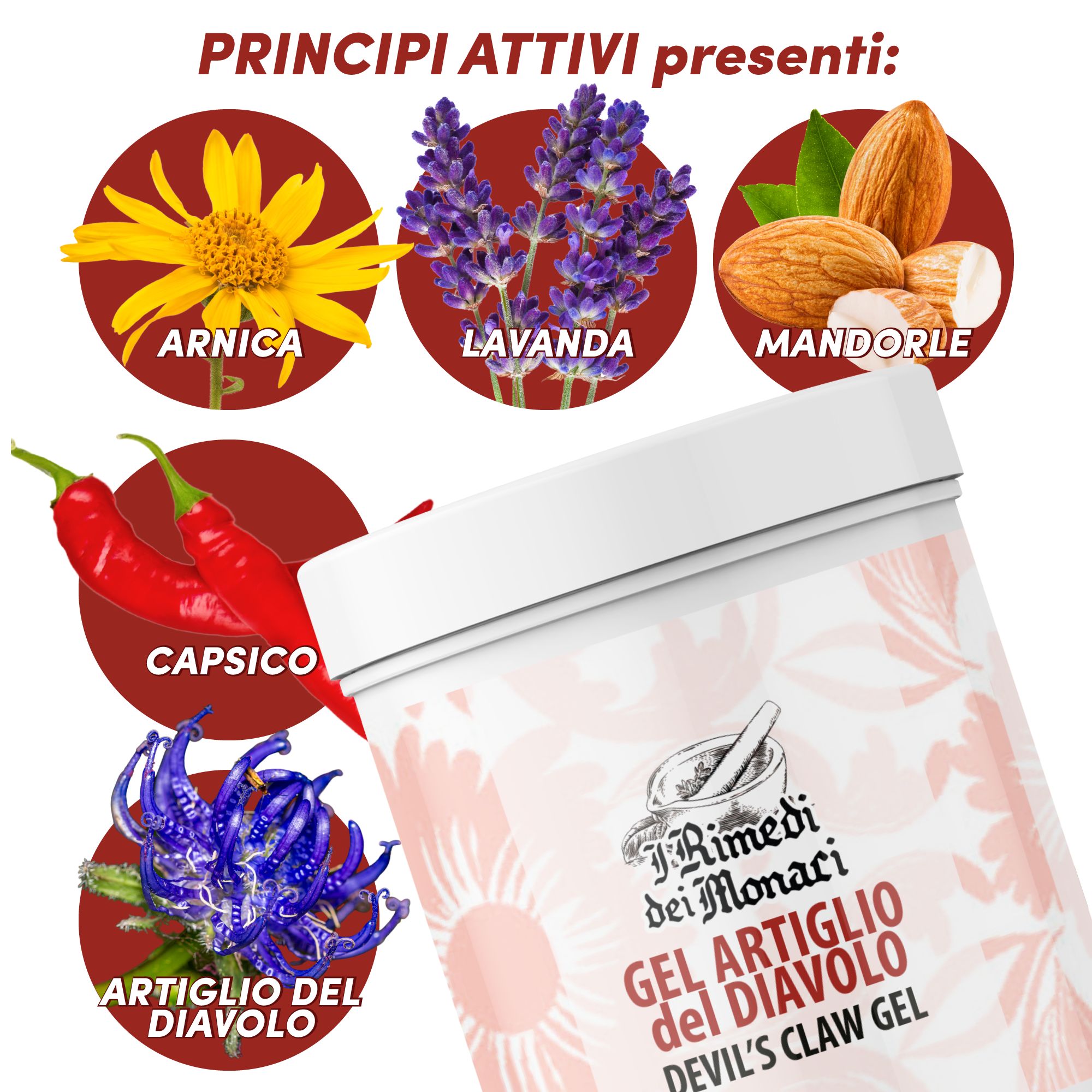 Product met ingrediënten: Arnica, Lavendel, Amandelen, Capsicum en Artiglio del Diavolo. Productlogo en naam.