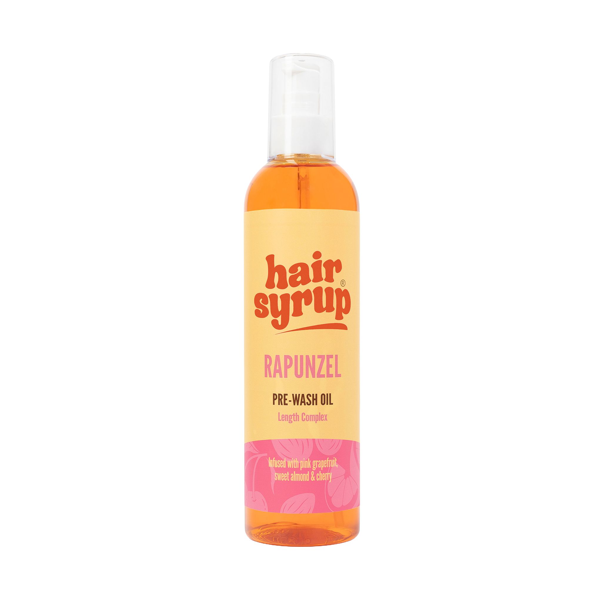 Hair Syrup Rapunzel Pre-Wash Oil fles. Gele vloeistof, witte dop, roze etiket.