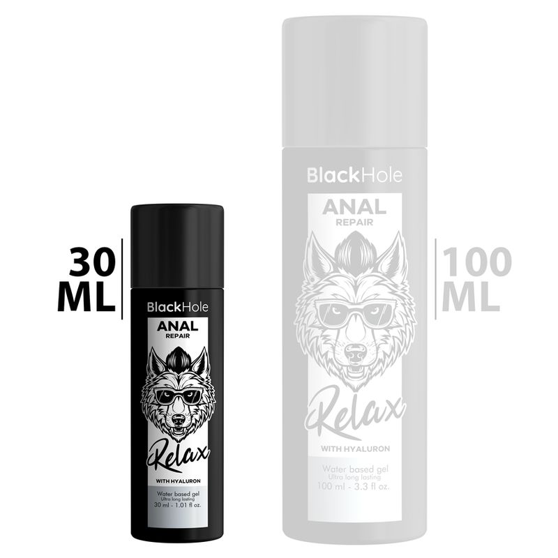 Twee zwarte flessen. 30 ml en 100 ml. Etiket: Black Hole Anal Repair, Relax, met Hyaluron. Wolf-logo.