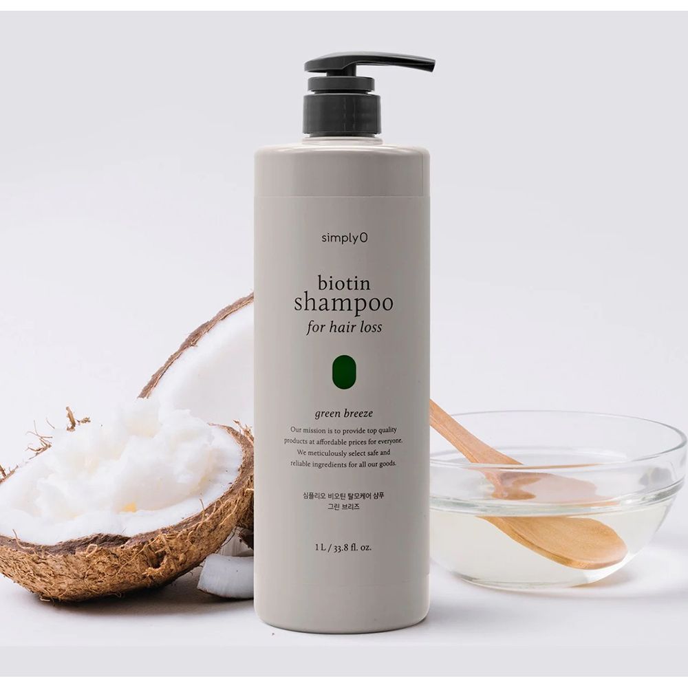 Grijze shampoo fles met zwarte pomp. Opschrift: Biotin Shampoo for hair loss. Groene capsule. Kokosnoot en kom ernaast.