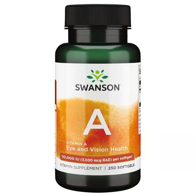 Flacon vert avec étiquette blanche. Inscription: SWANSON Vitamine A, 10 000 UI. 250 gélules. Bouchon noir.