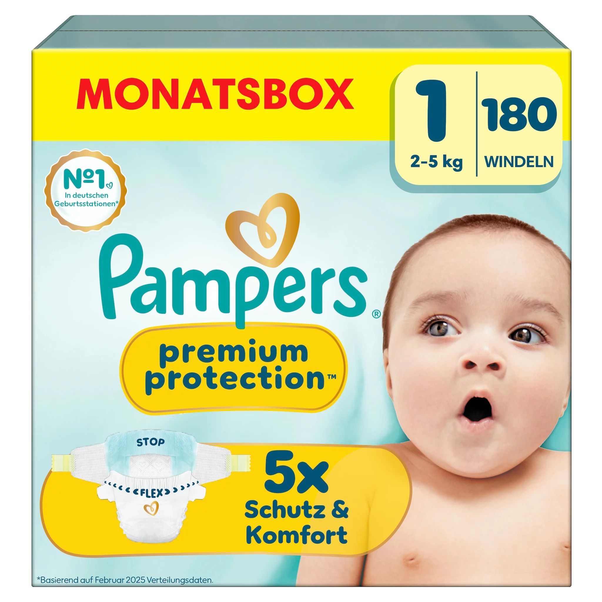 Couche Pampers Taille 1 (2-5kg) Boîte mensuelle, 180 couches. Premium Protection confort peau.